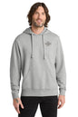 Man wearing a gray hoodie with a customizable logo area on a white background, Embroidered Allmade® Unisex Organic French Terry Pullover Hoodie