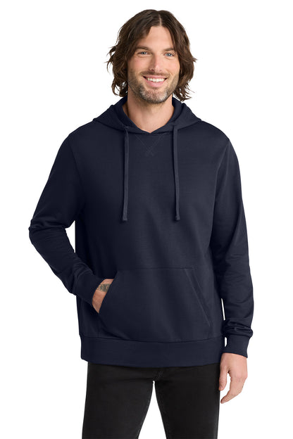 Man wearing a navy blue hoodie on a white background, Embroidered Allmade® Unisex Organic French Terry Pullover Hoodie