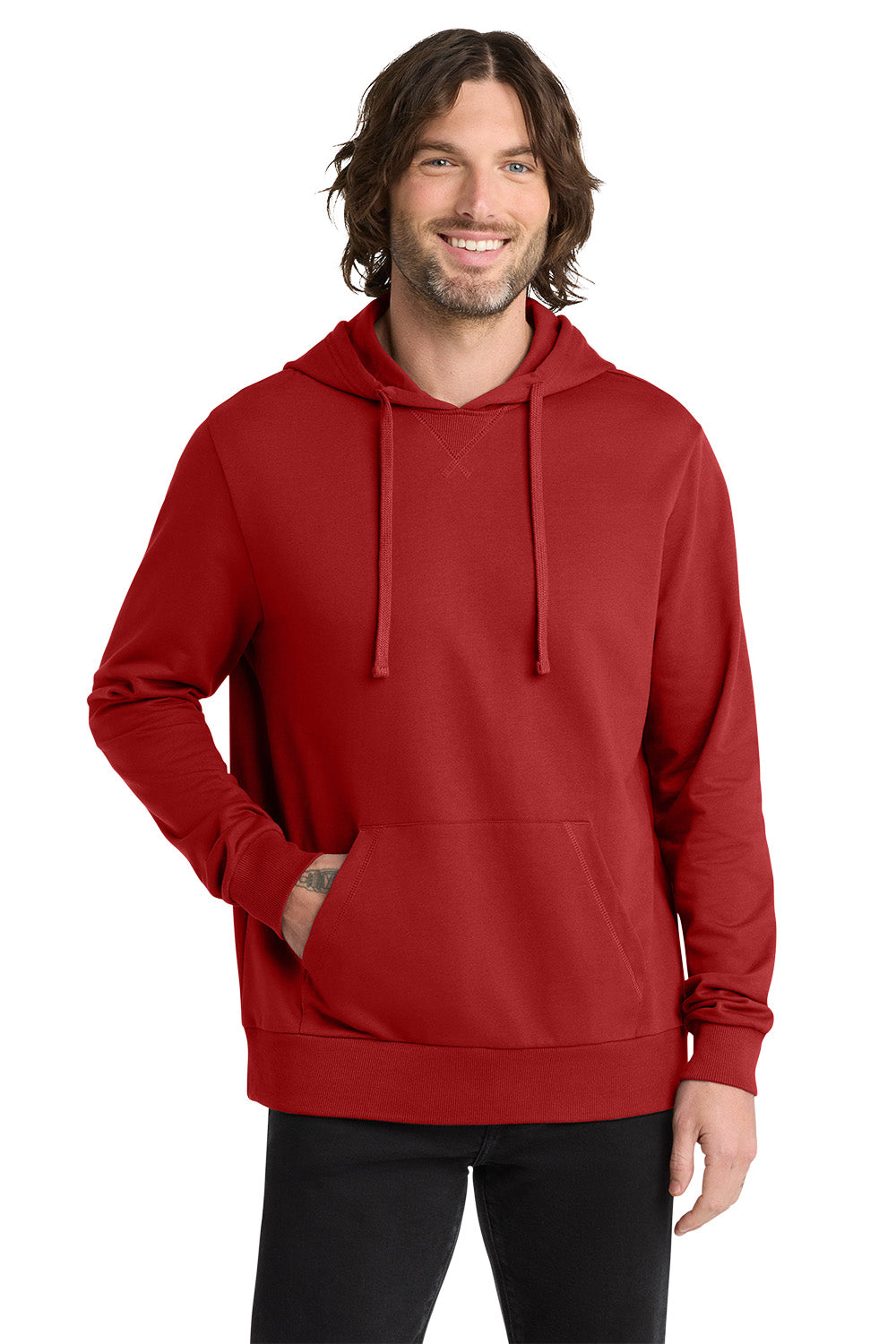 Man wearing a red hoodie on a white background, Embroidered Allmade® Unisex Organic French Terry Pullover Hoodie