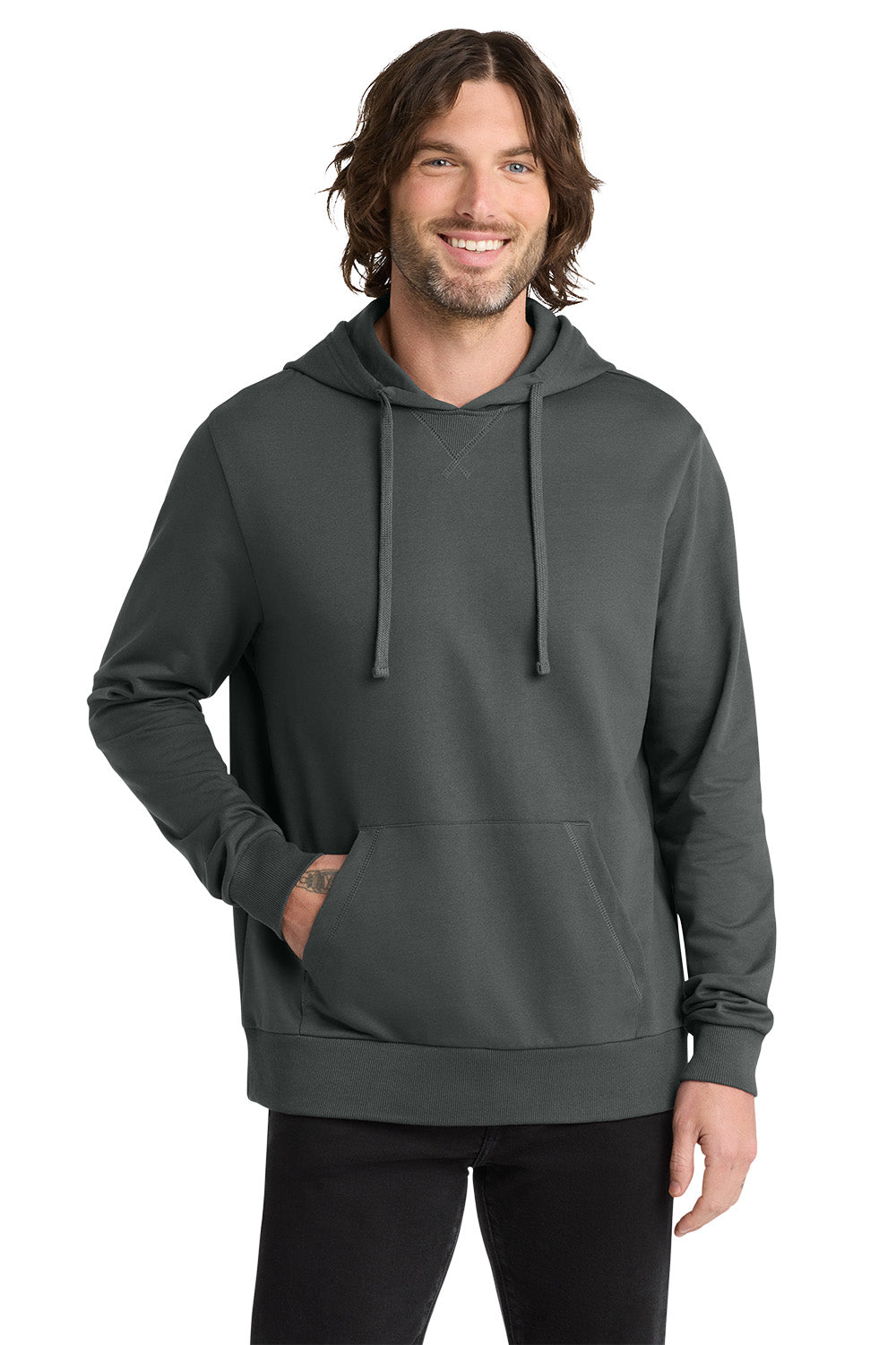 Man wearing a dark gray hoodie on a white background, Embroidered Allmade® Unisex Organic French Terry Pullover Hoodie