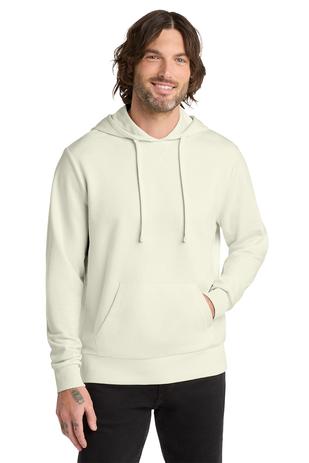 Man wearing a light-colored hoodie on a white background, Embroidered Allmade® Unisex Organic French Terry Pullover Hoodie