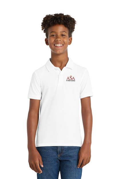 Child wearing a white polo shirt with a logo on a white background, Port Authority® Youth Core Classic Pique Polo, All Saints Academy embroidered by Helmsman Stitch Co.