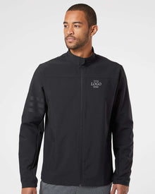 Man wearing a black jacket on a white background. Adidas Men's Wind Resistant Full-Zip Jacket, Embroidered by Helmsman Stitch Co.