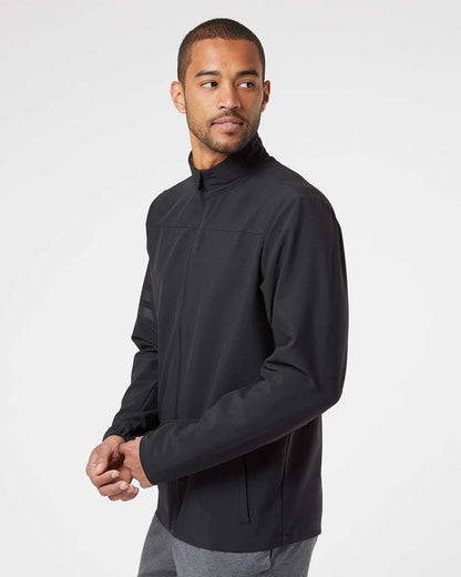 Man wearing a black jacket on a light gray background. Adidas Men's Wind Resistant Full-Zip Jacket, Embroidered by Helmsman Stitch Co.
