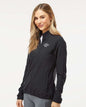 Woman wearing a black jacket with a logo on a light gray background. Adidas Women's Wind Resistant Full-Zip Jacket, Embroidered by Helmsman Stitch Co.