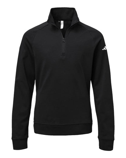 Black quarter-zip sweatshirt with Adidas logo on a white background. Adidas Youth Performance Quarter-Zip Pullover, Embroidered by Helmsman Stitch Co.