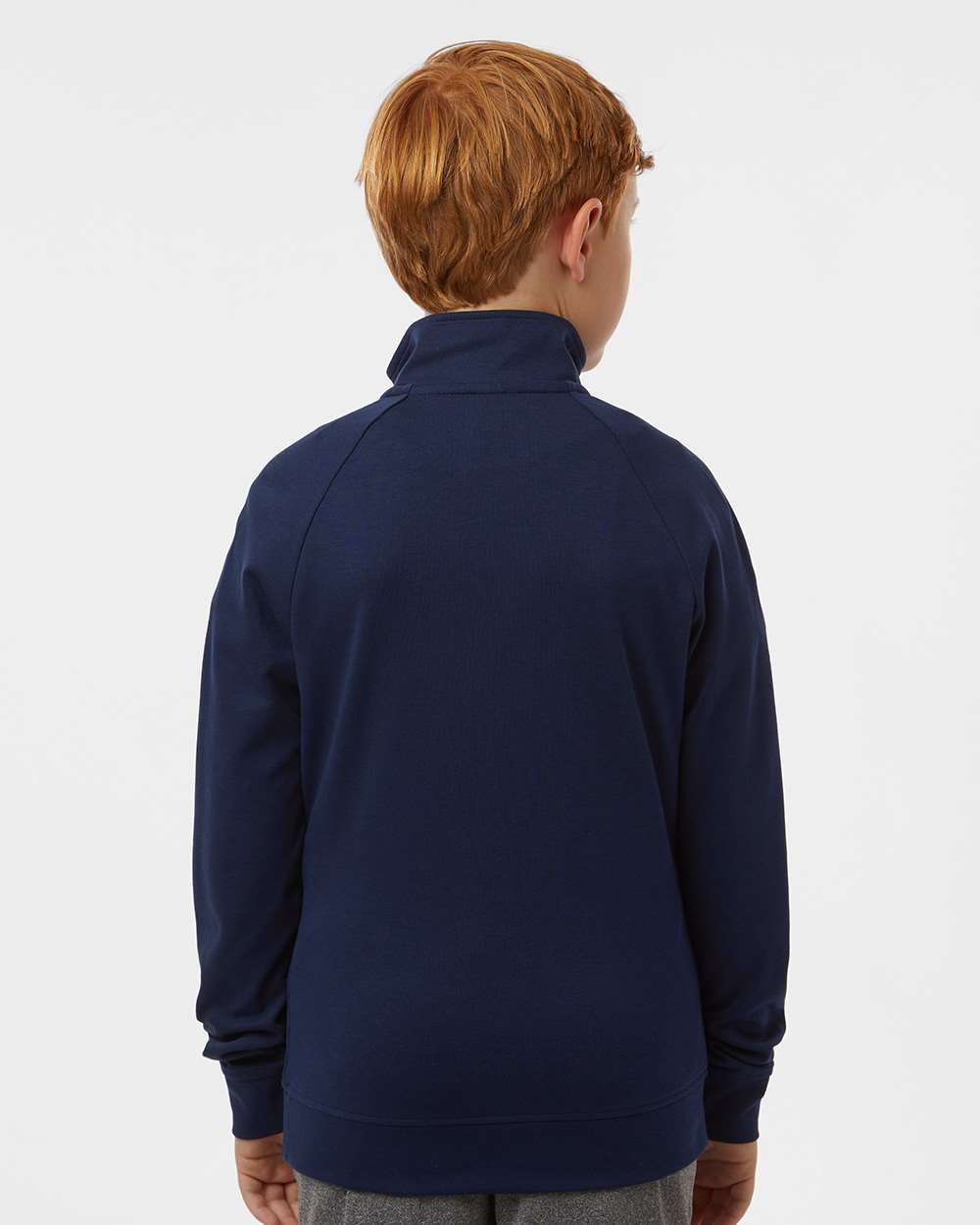 Person wearing a navy blue jacket on a white background. Adidas Youth Performance Quarter-Zip Pullover, Embroidered by Helmsman Stitch Co.