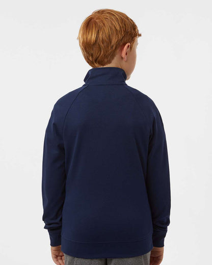 Person wearing a navy blue jacket on a white background. Adidas Youth Performance Quarter-Zip Pullover, Embroidered by Helmsman Stitch Co.