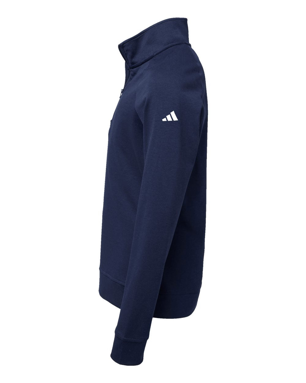 Navy blue hoodie with a white logo on a white background. Adidas Youth Performance Quarter-Zip Pullover, Embroidered by Helmsman Stitch Co.