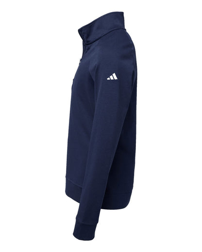 Navy blue hoodie with a white logo on a white background. Adidas Youth Performance Quarter-Zip Pullover, Embroidered by Helmsman Stitch Co.