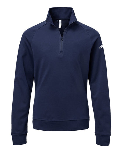 Navy blue quarter-zip sweatshirt with Adidas logo on a white background. Adidas Youth Performance Quarter-Zip Pullover, Embroidered by Helmsman Stitch Co.