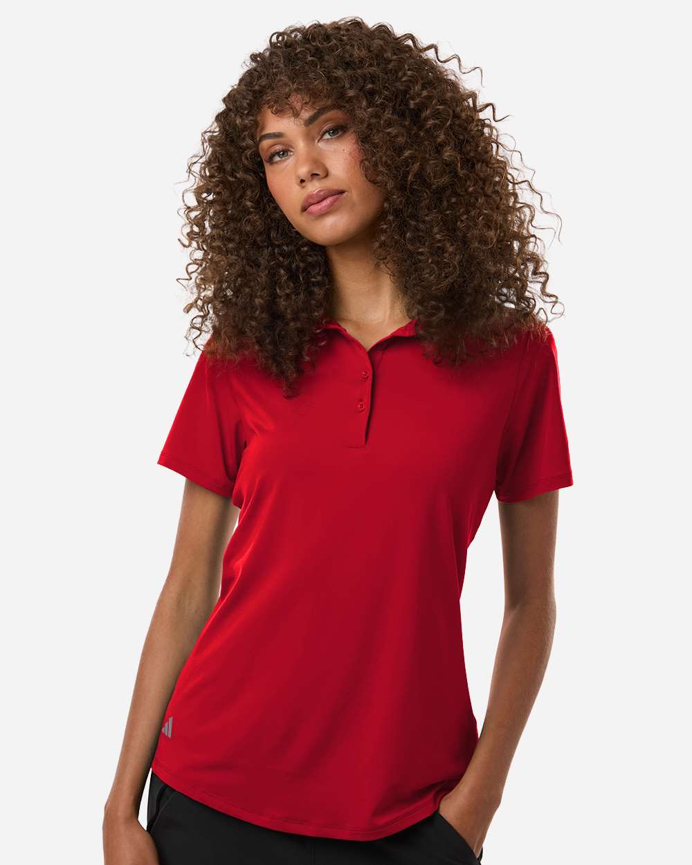 Woman wearing a red polo shirt on a white background. Adidas Women's Ultimate365 Solid Polo, Embroidered by Helmsman Stitch Co.