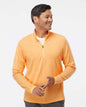 Man wearing an orange long-sleeve shirt on a white background. Men's 3-Stripes Quarter-Zip Sweater Pullover, Embroidered by Helmsman Stitch Co.