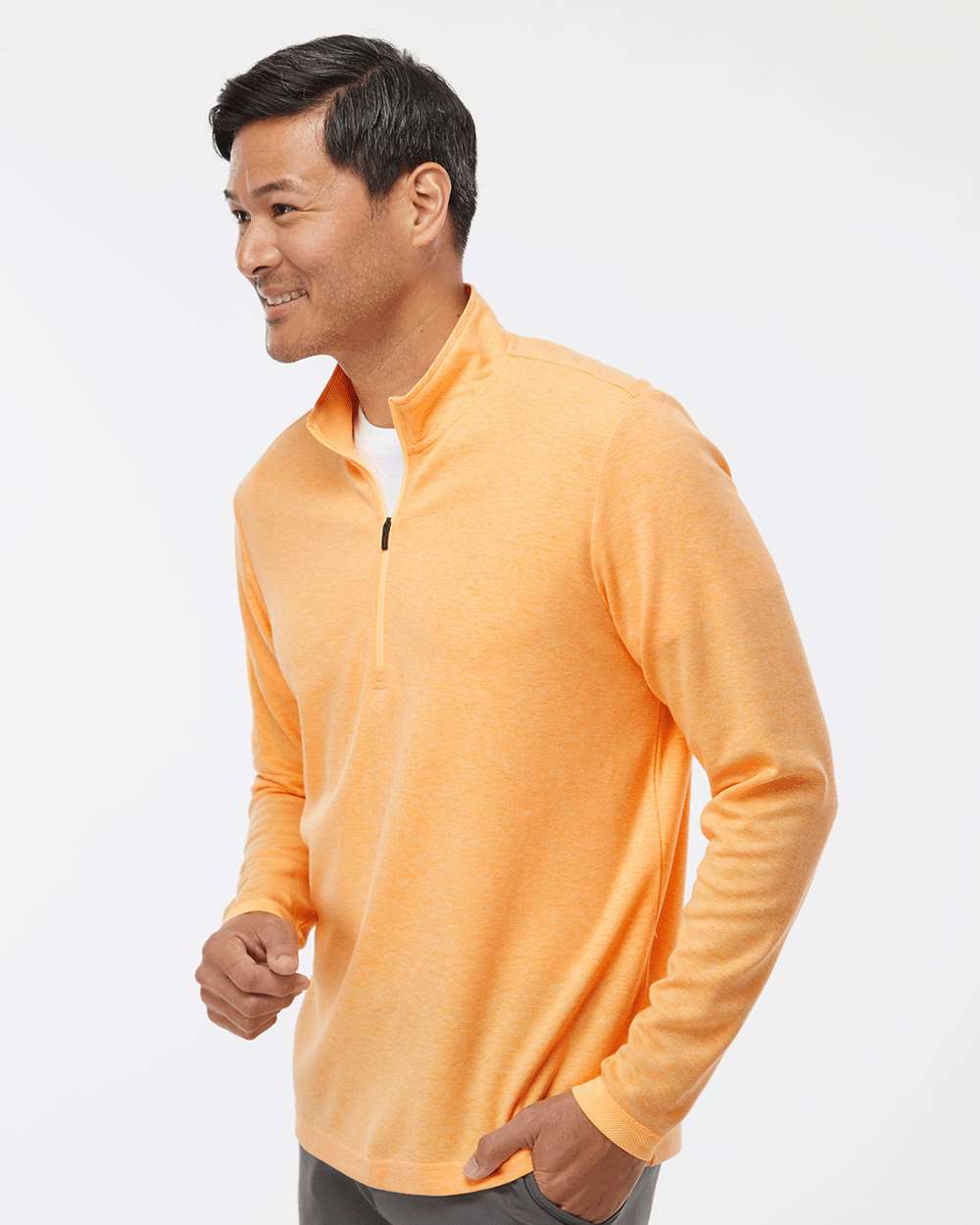 Man wearing an orange long-sleeve shirt on a white background. Men's 3-Stripes Quarter-Zip Sweater Pullover, Embroidered by Helmsman Stitch Co.