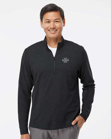 Man wearing a black quarter-zip pullover with a logo on a white background. Men's 3-Stripes Quarter-Zip Sweater Pullover, Embroidered by Helmsman Stitch Co.