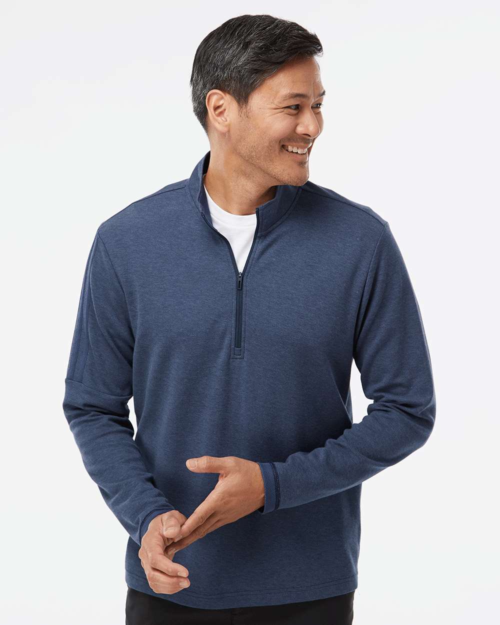 Man wearing a blue long-sleeve shirt with a white collar on a light gray background. Men's 3-Stripes Quarter-Zip Sweater Pullover, Embroidered by Helmsman Stitch Co.
