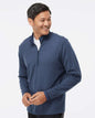 Man wearing a blue pullover with a white background. Men's 3-Stripes Quarter-Zip Sweater Pullover, Embroidered by Helmsman Stitch Co.