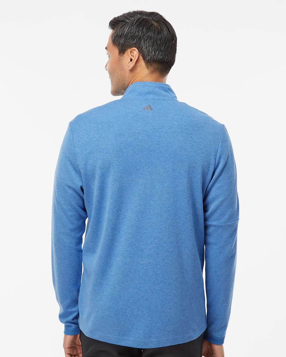 Man wearing a blue long-sleeve shirt with a brand logo on the back against a white background. Men's 3-Stripes Quarter-Zip Sweater Pullover, Embroidered by Helmsman Stitch Co.