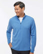 Man wearing a blue long-sleeve shirt with a white background. Men's 3-Stripes Quarter-Zip Sweater Pullover, Embroidered by Helmsman Stitch Co.