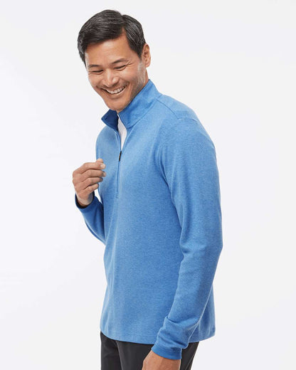 Man wearing a blue sweater on a white background. Men's 3-Stripes Quarter-Zip Sweater Pullover, Embroidered by Helmsman Stitch Co.