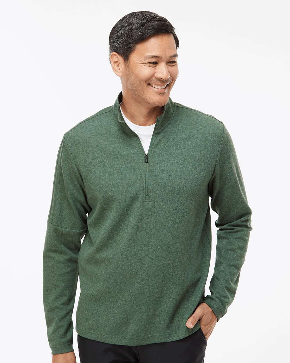 Man wearing a green pullover with a white background. Men's 3-Stripes Quarter-Zip Sweater Pullover, Embroidered by Helmsman Stitch Co.