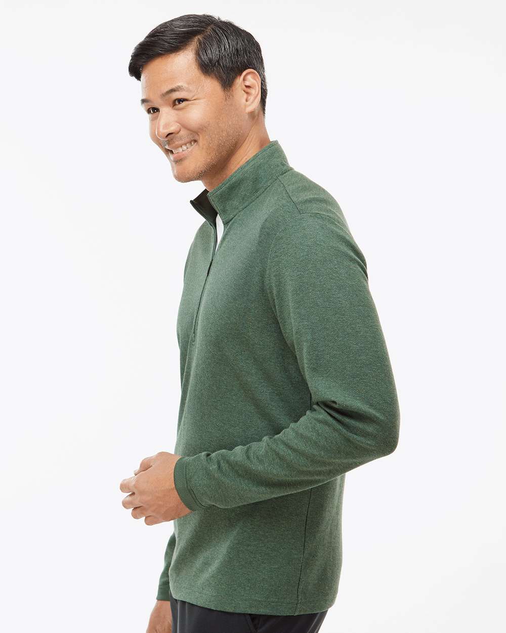 Man wearing a green sweater on a white background. Men's 3-Stripes Quarter-Zip Sweater Pullover, Embroidered by Helmsman Stitch Co.