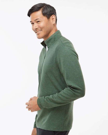 Man wearing a green sweater on a white background. Men's 3-Stripes Quarter-Zip Sweater Pullover, Embroidered by Helmsman Stitch Co.