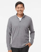 Man wearing a gray quarter-zip pullover on a white background. Men's 3-Stripes Quarter-Zip Sweater Pullover, Embroidered by Helmsman Stitch Co.