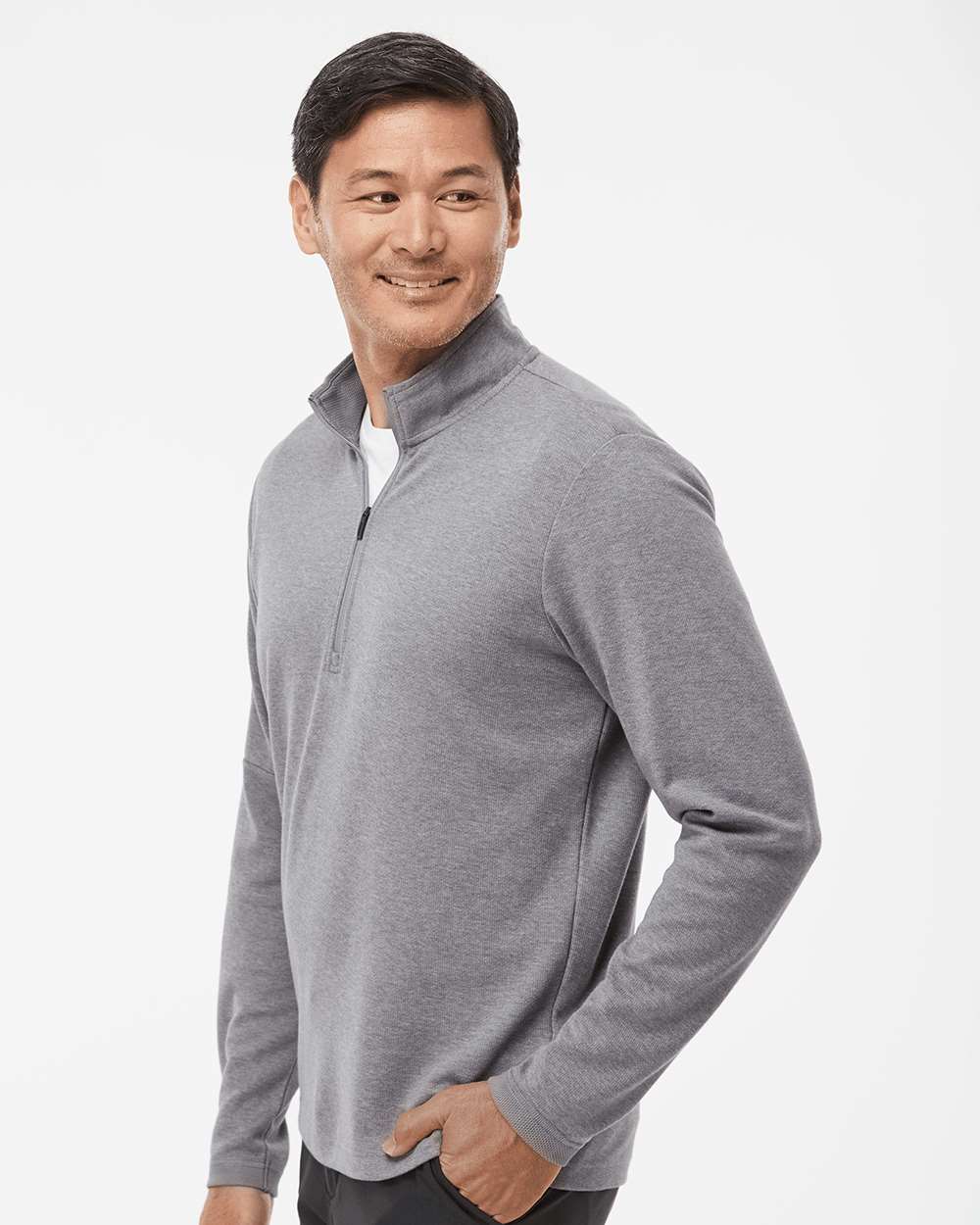 Man wearing a gray long-sleeve shirt with a quarter zip on a white background. Men's 3-Stripes Quarter-Zip Sweater Pullover, Embroidered by Helmsman Stitch Co.