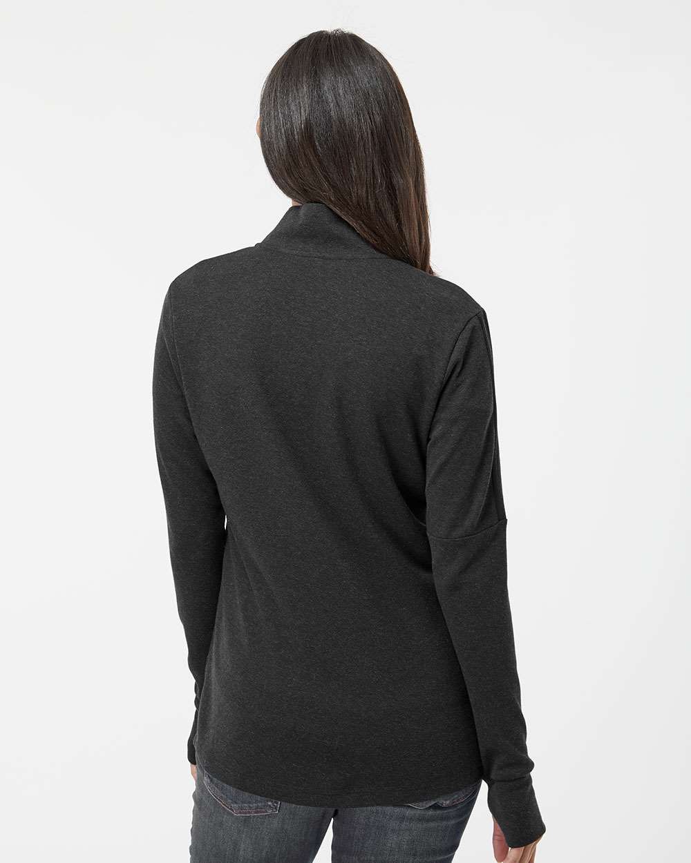 Person wearing a dark gray long-sleeve shirt on a white background. Adidas Women's 3-Stripes Quarter-Zip Sweater Pullover, Embroidered by Helmsman Stitch Co.