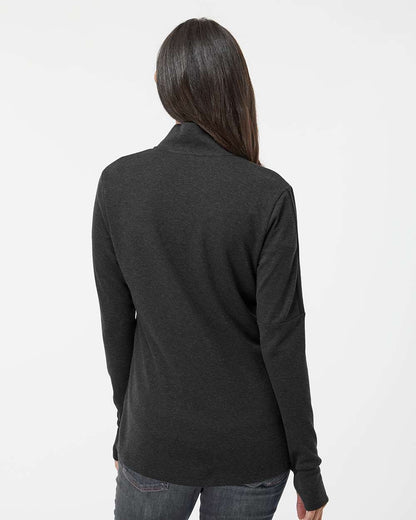 Person wearing a dark gray long-sleeve shirt on a white background. Adidas Women's 3-Stripes Quarter-Zip Sweater Pullover, Embroidered by Helmsman Stitch Co.