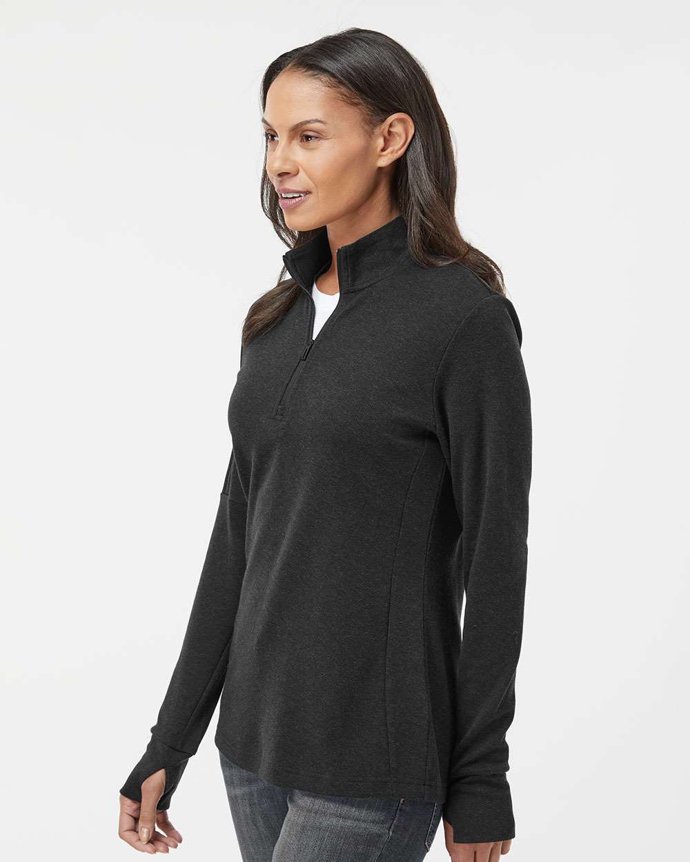 Woman wearing a dark gray long-sleeve top on a white background. Adidas Women's 3-Stripes Quarter-Zip Sweater Pullover, Embroidered by Helmsman Stitch Co.