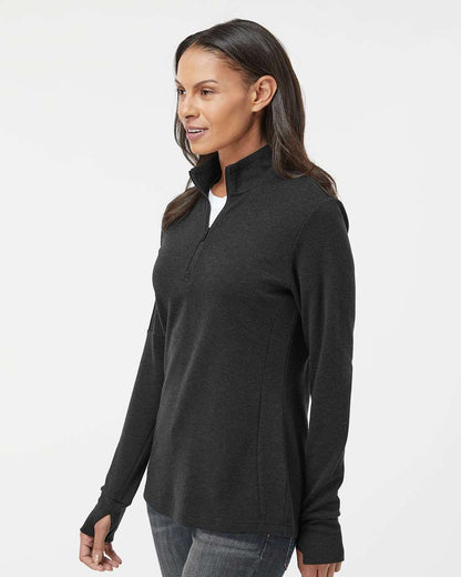 Woman wearing a dark gray long-sleeve top on a white background. Adidas Women's 3-Stripes Quarter-Zip Sweater Pullover, Embroidered by Helmsman Stitch Co.