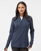 Woman wearing a blue long-sleeve shirt with a quarter zip on a white background. Adidas Women's 3-Stripes Quarter-Zip Sweater Pullover, Embroidered by Helmsman Stitch Co.
