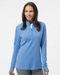 Woman wearing a blue pullover with a white background, Adidas Women's 3-Stripes Quarter-Zip Sweater Pullover, Embroidered by Helmsman Stitch Co.
