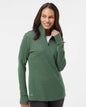 Woman wearing a green pullover with a white background. Adidas Women's 3-Stripes Quarter-Zip Sweater Pullover, Embroidered by Helmsman Stitch Co.