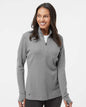 Woman wearing a gray Adidas pullover on a white background. Adidas Women's 3-Stripes Quarter-Zip Sweater Pullover, Embroidered by Helmsman Stitch Co.