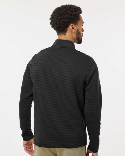Man wearing a black textured sweater on a white background. Adidas Men's Spacer Quarter-Zip Pullover, Embroidered
