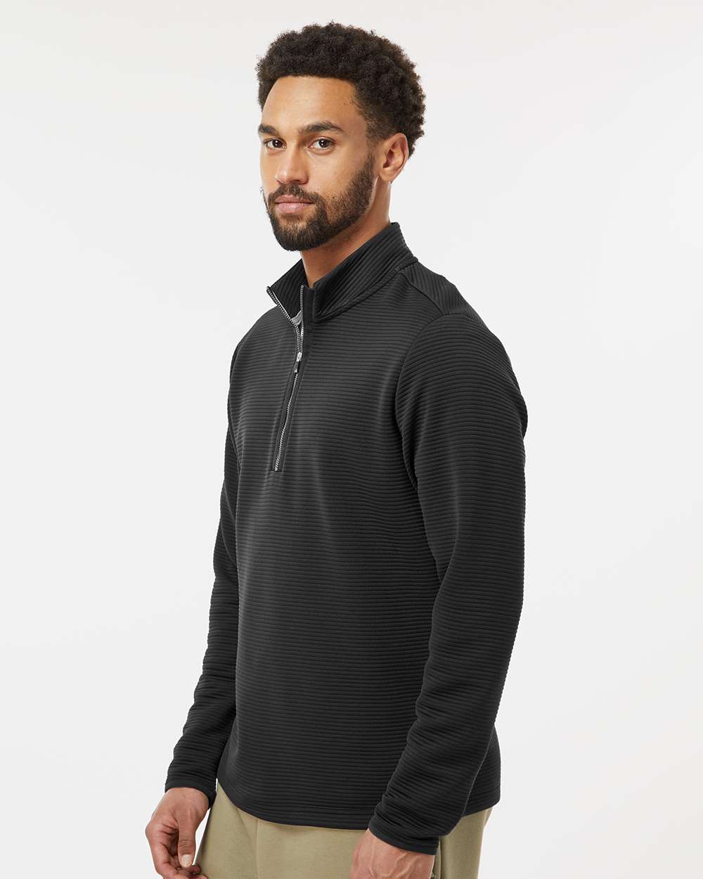 Man wearing a black quarter-zip pullover on a white background. Adidas Men's Spacer Quarter-Zip Pullover, Embroidered