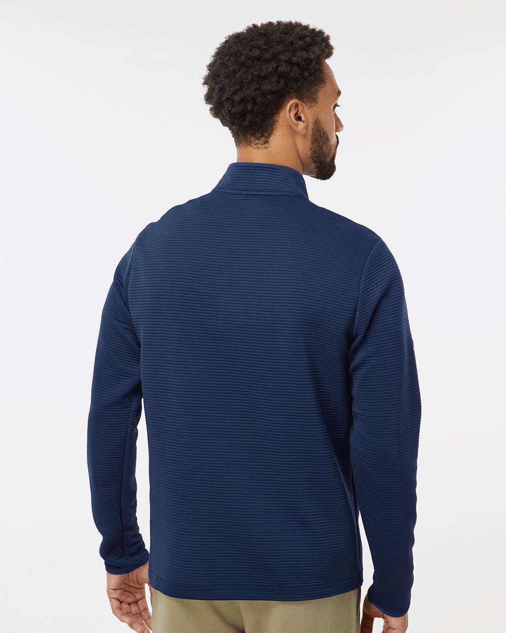 Man wearing a blue textured sweater on a white background. Adidas Men's Spacer Quarter-Zip Pullover, Embroidered