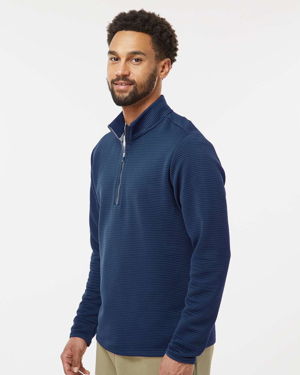 Man wearing a blue pullover with a white background, Adidas Men's Spacer Quarter-Zip Pullover, Embroidered