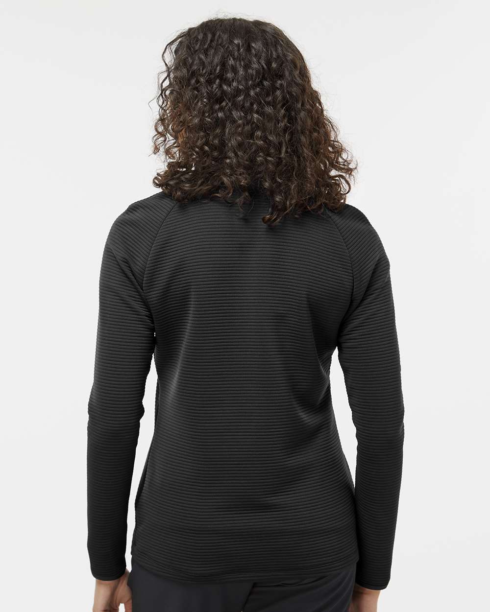 Person wearing a black long-sleeve shirt against a white background. Adidas Women's Spacer Quarter-Zip Pullover, Embroidered by Helmsman Stitch Co.