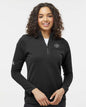 Woman wearing a black long-sleeve shirt with a logo on a white background. Adidas Women's Spacer Quarter-Zip Pullover, Embroidered by Helmsman Stitch Co.