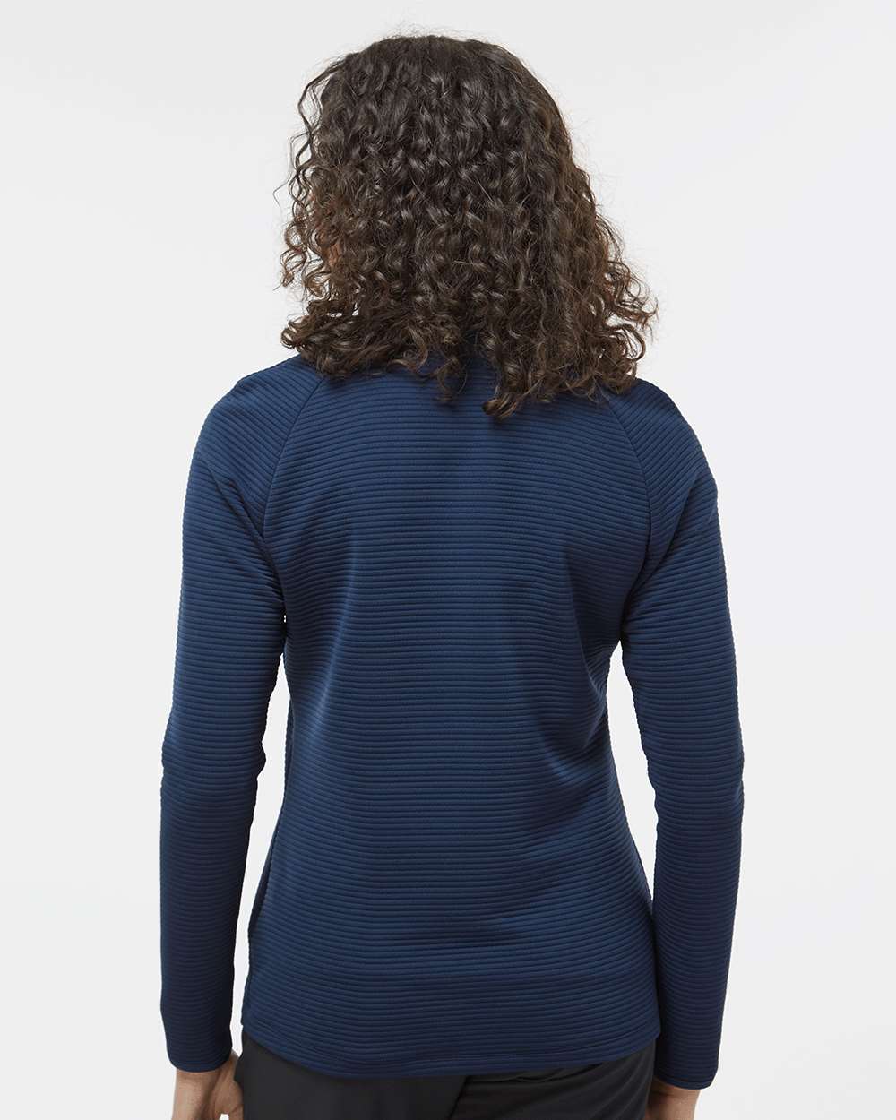 Person wearing a blue long-sleeve shirt on a white background. Adidas Women's Spacer Quarter-Zip Pullover, Embroidered by Helmsman Stitch Co.
