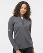 Woman wearing a gray Adidas long-sleeve shirt on a white background. Adidas Women's Spacer Quarter-Zip Pullover, Embroidered by Helmsman Stitch Co.