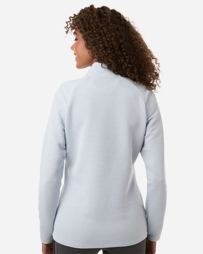 Woman wearing a light gray long-sleeve top on a white background. Adidas Women's Spacer Quarter-Zip Pullover, Embroidered by Helmsman Stitch Co.