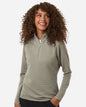 Woman wearing a light gray long-sleeve shirt with a quarter zip on a white background. Adidas Women's Spacer Quarter-Zip Pullover, Embroidered by Helmsman Stitch Co.