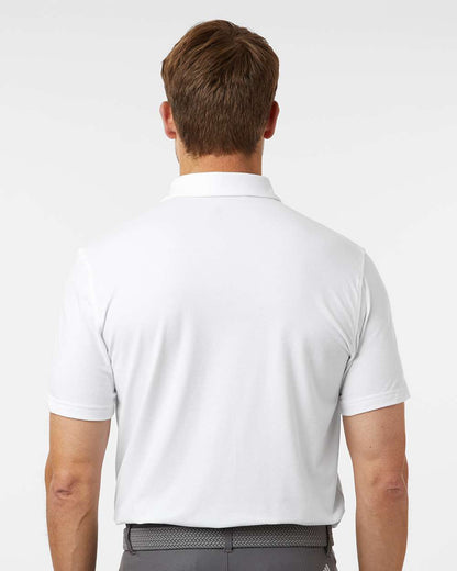 Man wearing a white polo shirt on a plain background. Adidas Men's Blended Polo, Embroidered by Helmsman Stitch Co.