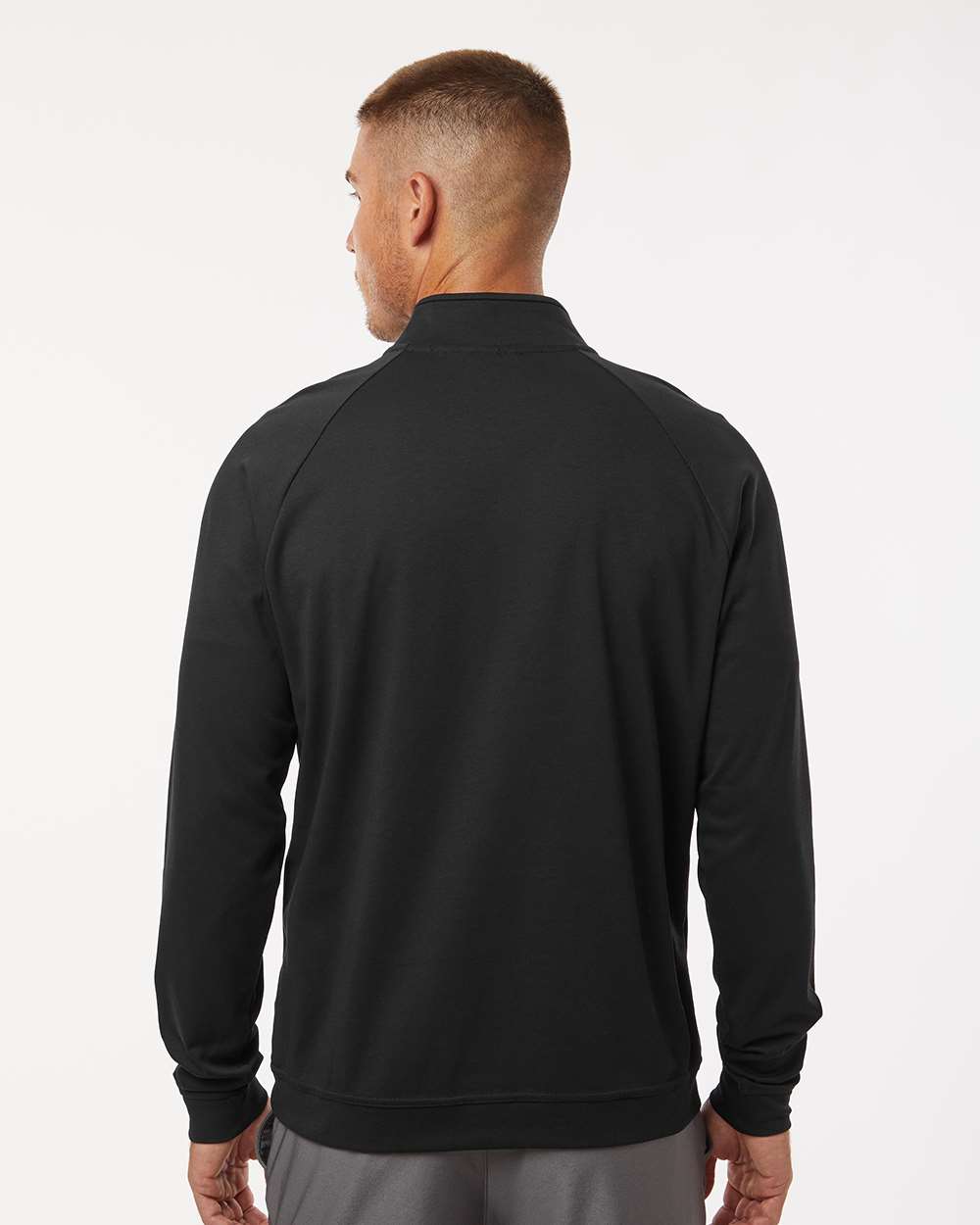 Man wearing a black quarter-zip sweatshirt on a white background. Adidas Men's Club Quarter-Zip Pullover, Embroidered by Helmsman Stitch Co.