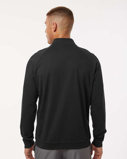 Man wearing a black quarter-zip sweatshirt on a white background. Adidas Men's Club Quarter-Zip Pullover, Embroidered by Helmsman Stitch Co.